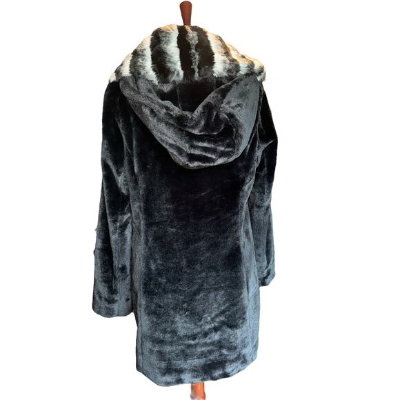 Dennis by Dennis Basso Black Faux Fur Coat | Removable Hood & Collar  | Size L - Picture 4 of 10